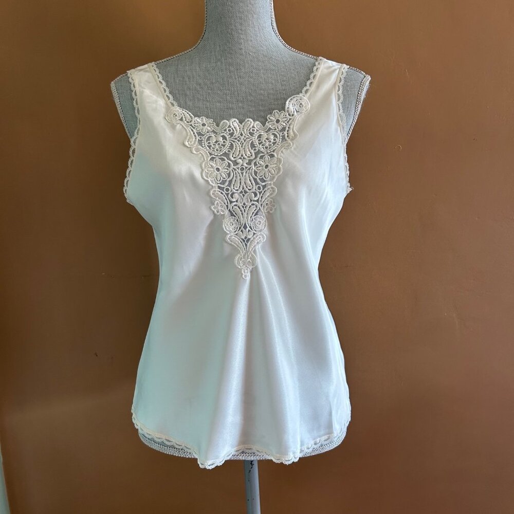 VTG Honors Intimates Ivory Polyester Satin Embroidered Camisole Cami Tank Top- M
